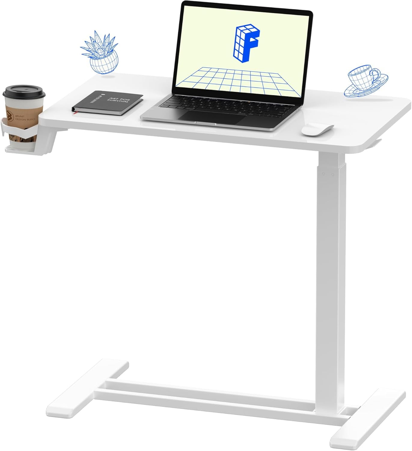 Small White Adjustable Overbed Laptop Desk with Wheels