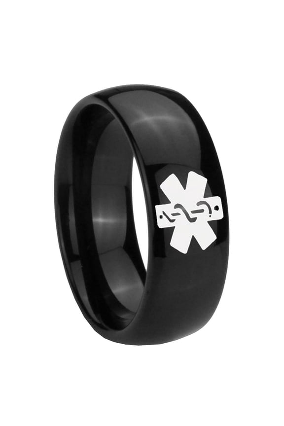 Medical Alert Black High Polish Dome Tungsten Men Ring 10MM