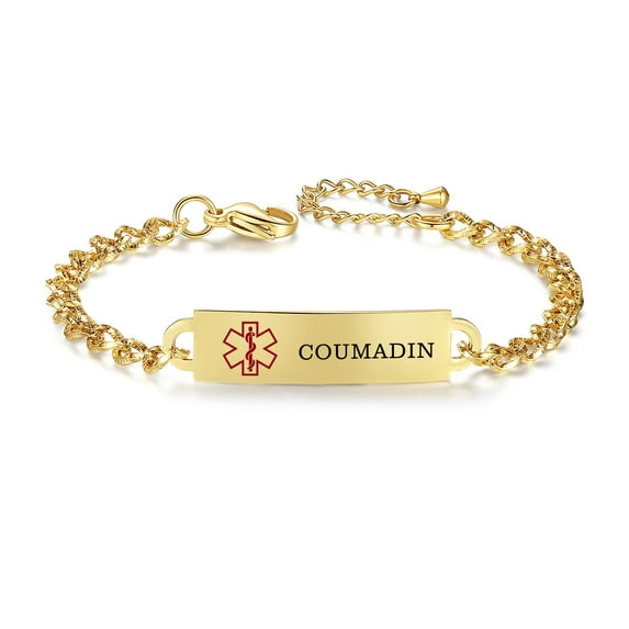 Medical Alert Bracelet for Women Adjustable Personalized Free Engrave Coumadin Stainless Steel Medical ID Bracelets 6.5-8 Inch(Gold)