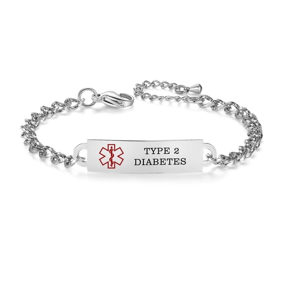 Medical Alert Bracelet for Women Adjustable Personalized Free Engrave Type 2 diabetes Stainless Steel Diabetic Medical ID Bracelets
