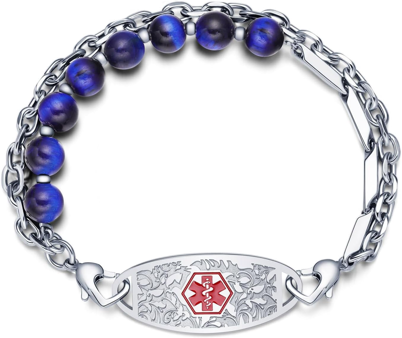 Personalized Medical Alert Bracelet - 7 Chakras Beaded Stainless Steel ID Bracelet With Free Engraving - View #3