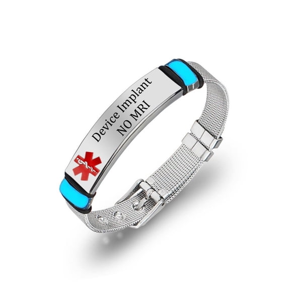 Medical Alert ID Bracelet Glow in The Dark - Stainless Steel Meds Identification Mesh Bangle for Diabetes, Epilepsy, Asthma