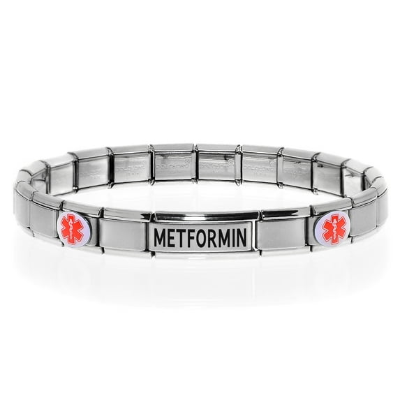 Medical Alert ID Bracelet on METFORMIN Medication, Modular Charm Style - SIZE OPTION A