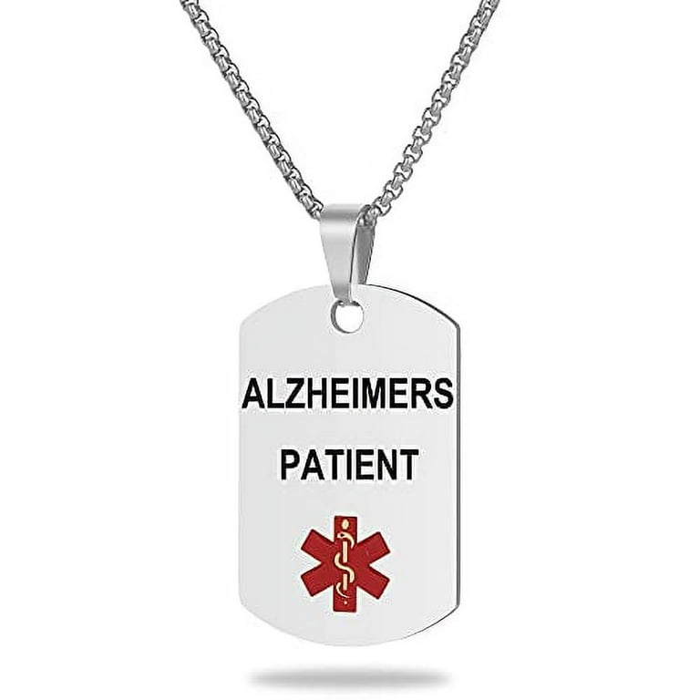 Medical Alert ID Necklace Laser Engraved Alzheimers Patient Stainless Steel Tag Pendant with 23.6 inch Chain for Men Women Emergency First Aid
