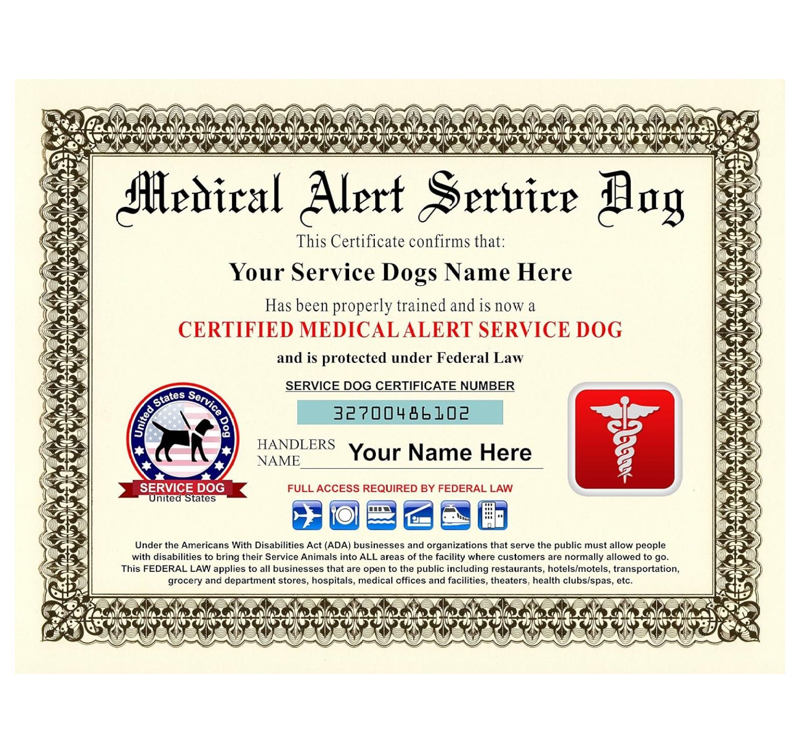Medical Alert Service Dog Certificate Customizable with Dogs/Handlers
