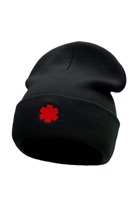 Medical Alert Symbol Embroidered 12 Inch Knitted Long Beanie - Black OSFM