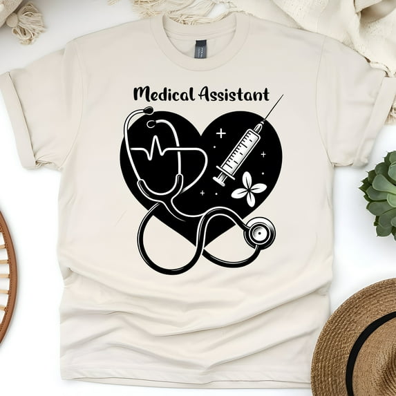 Medical Assistant Graphic T-Shirt with Heart and Stethoscope Design, Natural, Size 3XL