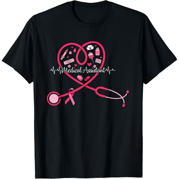 Medical Assistant Pink Stethoscope Heart Pink Breast Cancer T-ShirtMen and women, White Black T-shirt, size: Extra large S-4XL