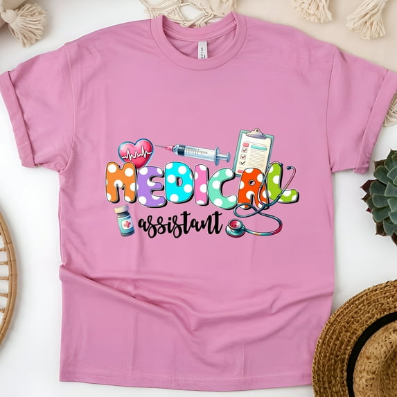 Medical Assistant Shirt | Colorful Healthcare Worker T-Shirt, Azalea, Size XL
