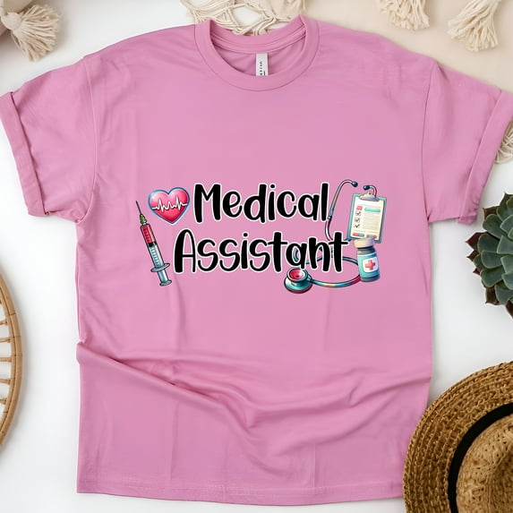 Medical Assistant Shirt | Stethoscope Syringe Healthcare Tee, Azalea, Size 3XL