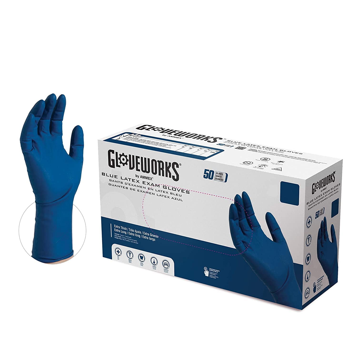Medical Blue Latex Gloves, Box of 50, 13 mil, Size XLarge, Powder Free