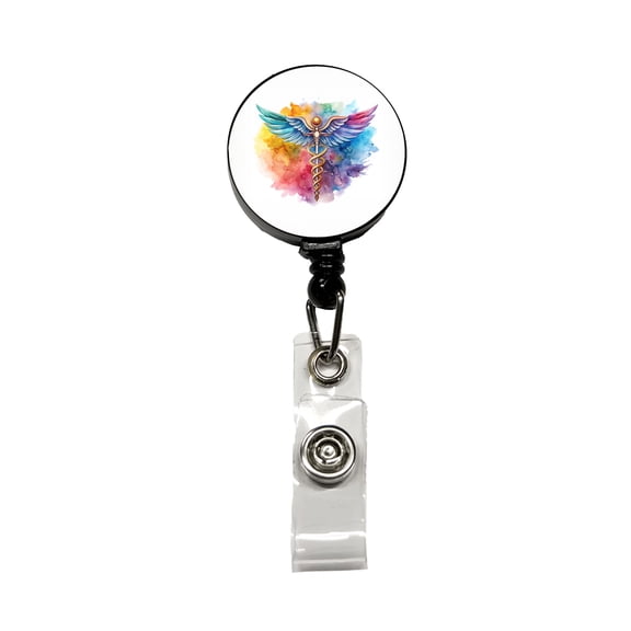 Medical Caduceus Doctor Nurse RN EMT Watercolor Retractable Reel ID Badge Key Card Name Tag Holder with Clip