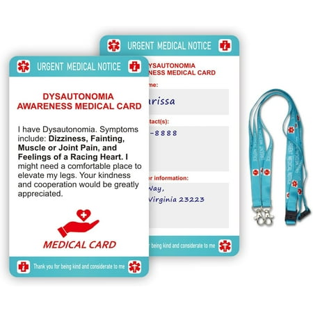RAYCCI 2Pcs Dysautonomia Medical Alert Card with Writable Panel & Patterned Lanyard, Standard Size Emergency Contact Card