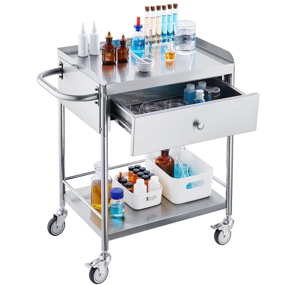 Medical Cart, 2-Layer Stainless Steel Cart 220 lbs Weight Capacity, Lab Utility Cart with 360 Silent Wheels and a Drawer for Lab, Clinic, Kitchen, Salon