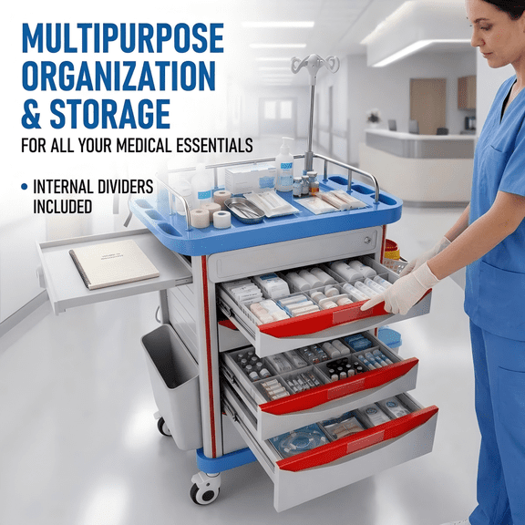 Medical Cart,440 lbs Capacity Emergency Cart,5-Drawer Rolling Crash Cart,Clinical Cart with IV Pole