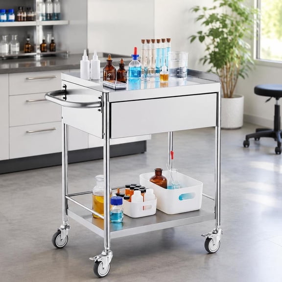 Medical Cart, Stainless Steel 2-Tier Utility Cart with Drawer, 360 Silent Wheels, 220 Lbs Capacity