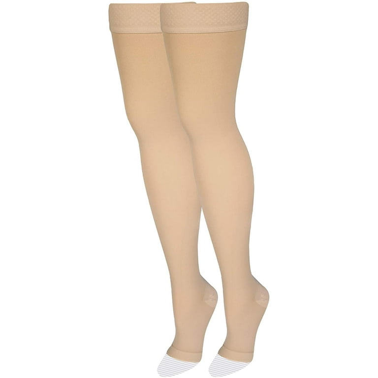 Medical Compression Stockings, 20-30 mmHg Support, Women & Men Thigh Length  Hose, Open Toe, Beige,（Medium (1 Pair) 
