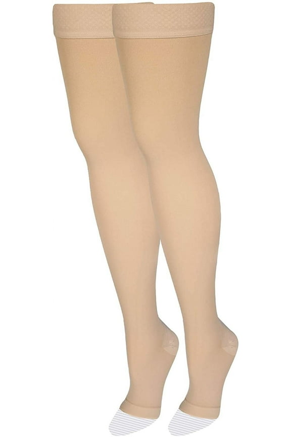 Medical Compression Stockings, 20-30 mmHg Support, Women & Men Thigh Length Hose, Open Toe, Beige,Medium (1 Pair)