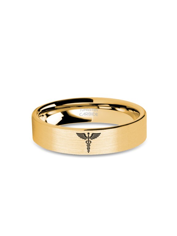 Medical Doctor EMT Staff Symbol Yellow Gold Brushed Tungsten Ring, 6mm, Size 8