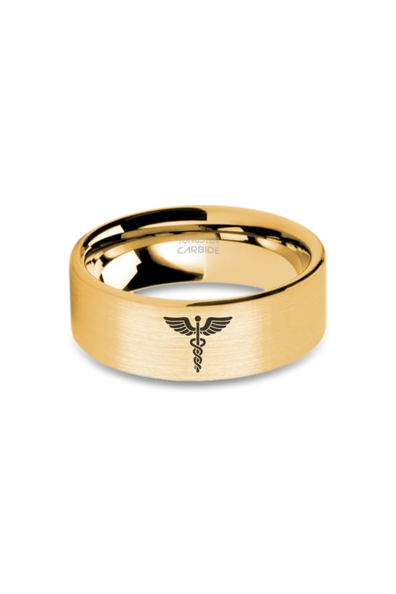 Medical Doctor EMT Staff Symbol Yellow Gold Brushed Tungsten Ring, 8mm, Size 10.5