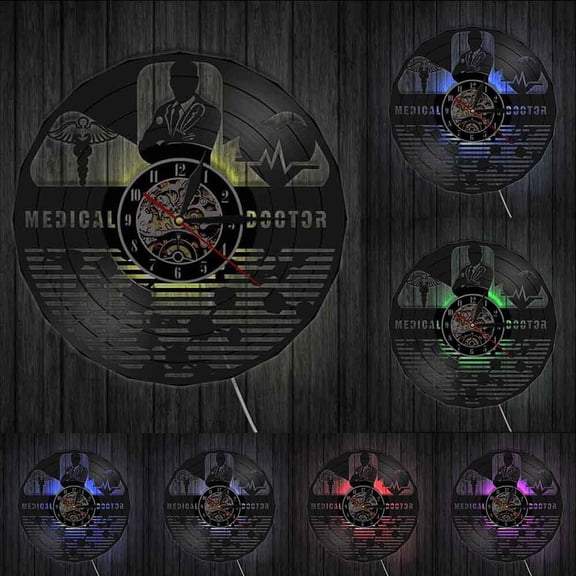 Medical Doctor Hospital Sign MD Symbol Wall Clock Rod of Asclepius Staff of Caduceus Hospital Doctor Office Vinyl Record Clock With LED