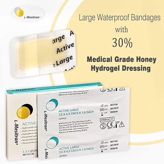 Medical Grade Honey Bandages (5 Pieces in 1 Pack) - 30% Honey - Wounds Healing Waterproof Medicated Non-Adhering Sterile Gauze Pads Dressing to Cover Small Cuts, Abrasions, Burns