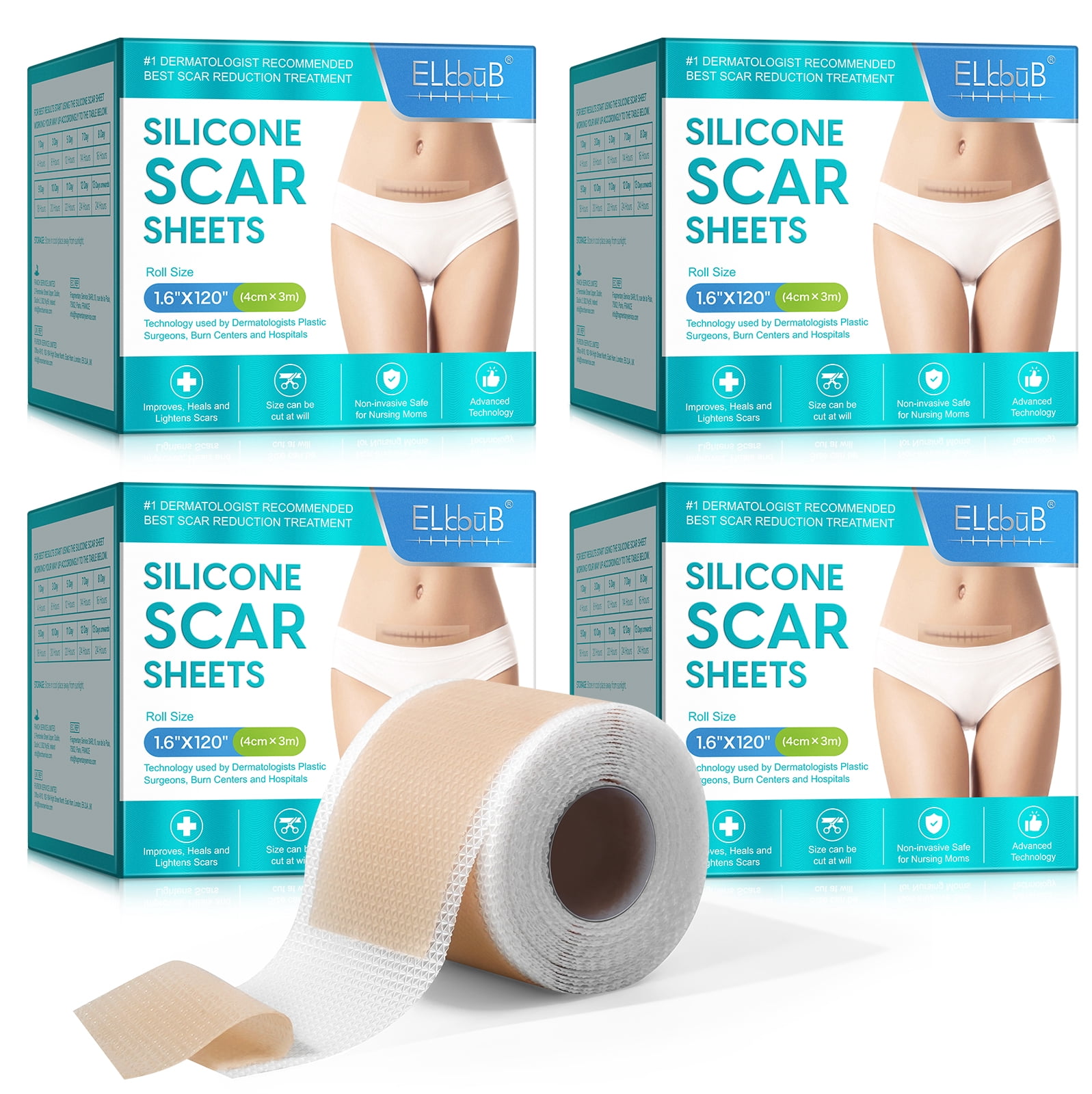 Medical-Grade Silicone Silicone Scar Sheets,Pack of 4 Reusable & Breathable Silicone Scar Tape 1.6''x 120'',Visible Scar Reduction after 2-6 Months