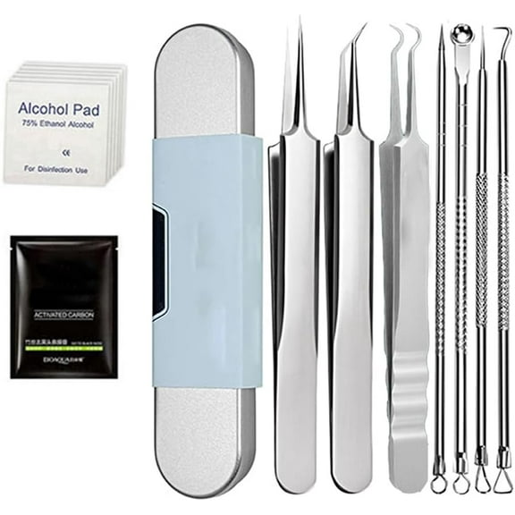 Medical Grade Stainless Steel Blackhead Remover Tools Extraction Kit, Professional Blackhead/Whiteheads/Milia/Pimples Remover for Face (Silver(with Nasal Strips and Pads)