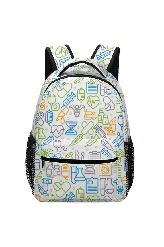 Medical Icons Pattern Oxford Backpack Multi Compartment Casual Carry for Books