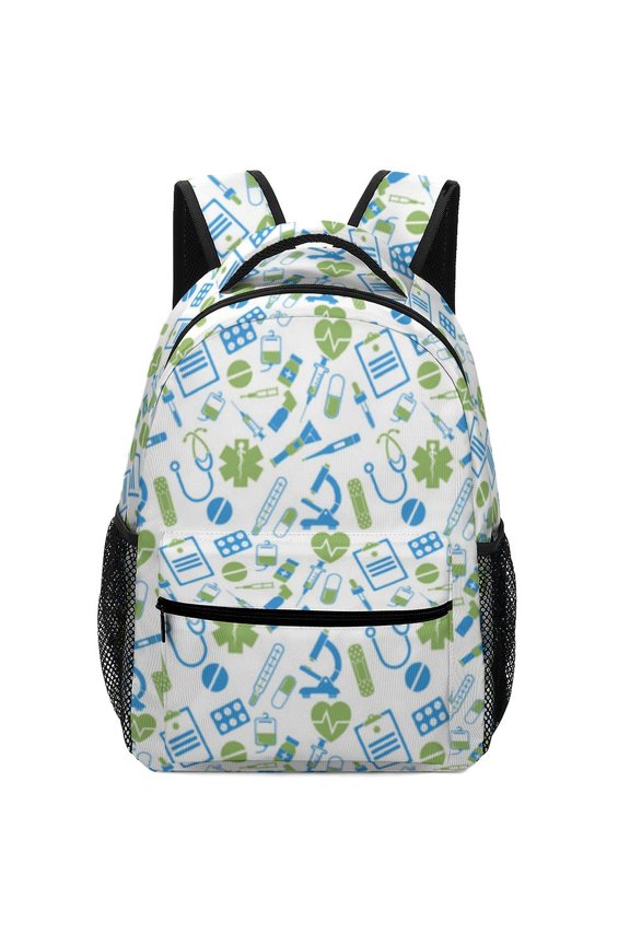 Medical Icons Pattern Oxford Cloth Backpack Double Zipper Hidden Pocket Casual Commute