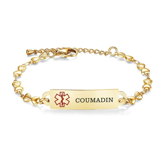 Medical Id Bracelets for Women Gold Heart Chain Medical ID Bracelets 6.5-8 Inch Adjustable with engraving:COUMADIN