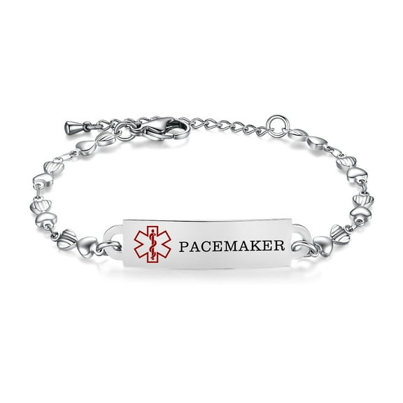 Medical Id Bracelets for Women Stainless steel Heart Chain Medical ID Bracelets 6.5-8 Inch Adjustable with engraving:PACEMAKER