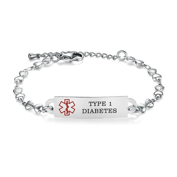 Medical Id Bracelets for Women Stainless steel Heart Chain Medical ID Bracelets 6.5-8 Inch Adjustable with engraving:TYPE 1 DIABETES