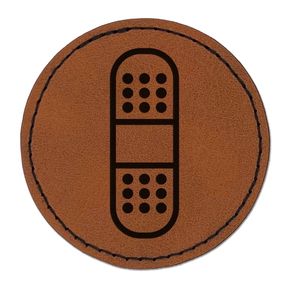 Medical Injury Bandage 2.5" Faux Leather Round Engraved Iron-On Patch - Brown