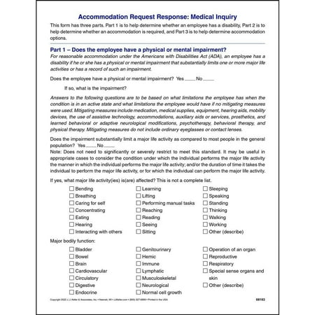 Medical Inquiry Request for Disability Accommodations, 8.5 x 11, 75 Pack