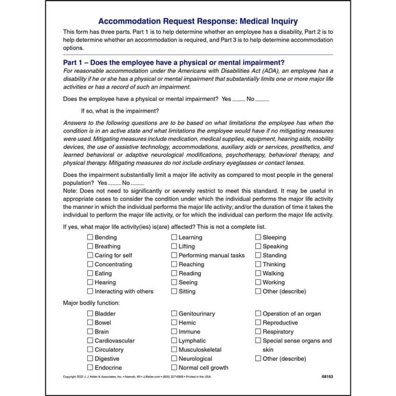 Medical Inquiry Request for Disability Accommodations, 8.5 x 11, 75 Pack