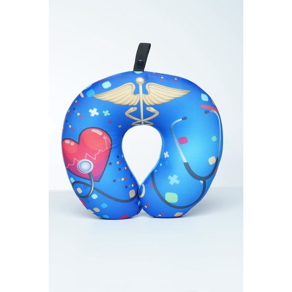 Medical Microbead Travel Neck Pillow U-Shaped Plush Support Pillow with Dual Fabric & Snap Strap - Blue