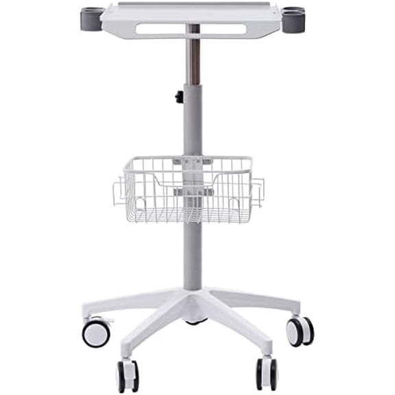 Medical Mobile Cart, 33.46-43.71in Height Adjustable Metal Trolley Cart with Medical Tray Wheels Rolling Equipment Large Tabletop & Storage Basket for Laptop Hospitals Scanner Ultrasound EKG