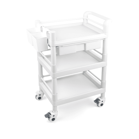 Medical Mobile Trolley Cart 3 Tier 500 Lbs Spacious Beauty Salon Rolling Trolley with Dirt Buckets Drawers 360°Rotate Wheels Heavy Duty Medical Utility Cart for Hospital Dental Clinic