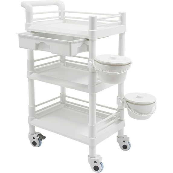 Medical Mobile Trolley Cart Esthetician Cart 176 Lbs Load, 3-Tier Utility Carts with Drawer & 2 Trash Cans, Portable Salon Rolling Trolley with 4 Wheels (White)