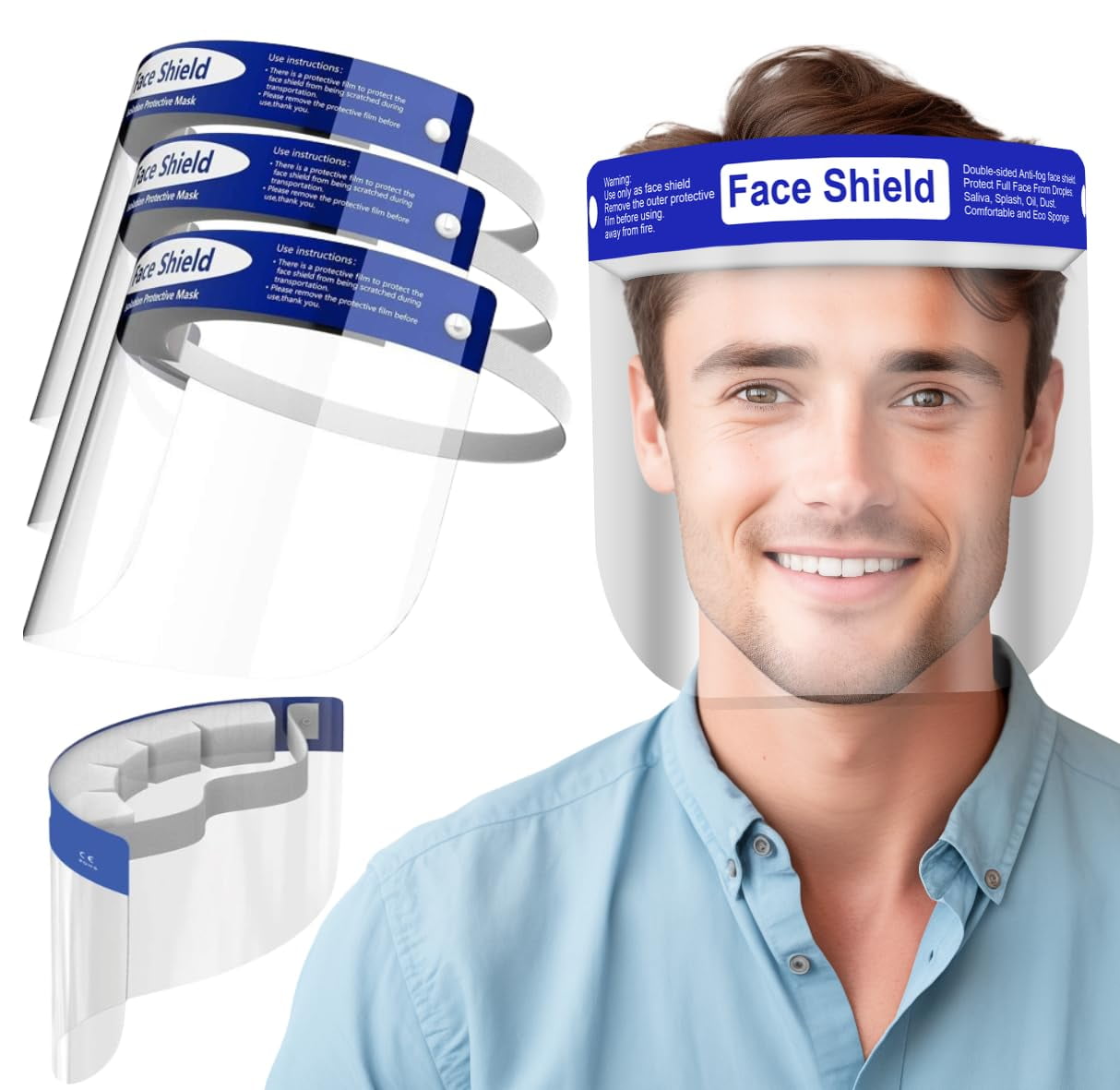Medical Nation 100 Pack Face Shields | Clear Plastic Face Shield for Women, Men & Kids, Anti-Fog, Lightweight Reusable Full Face Shield Mask, Safety Visor Cover with Comfortable Sponge & Elastic Band