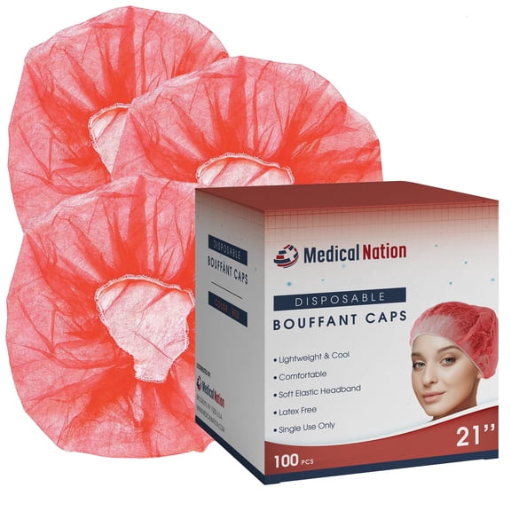 Medical Nation 21" Disposable Bouffant Caps Hair Nets - 100-Pack - Red, Disposable for Lab, Food