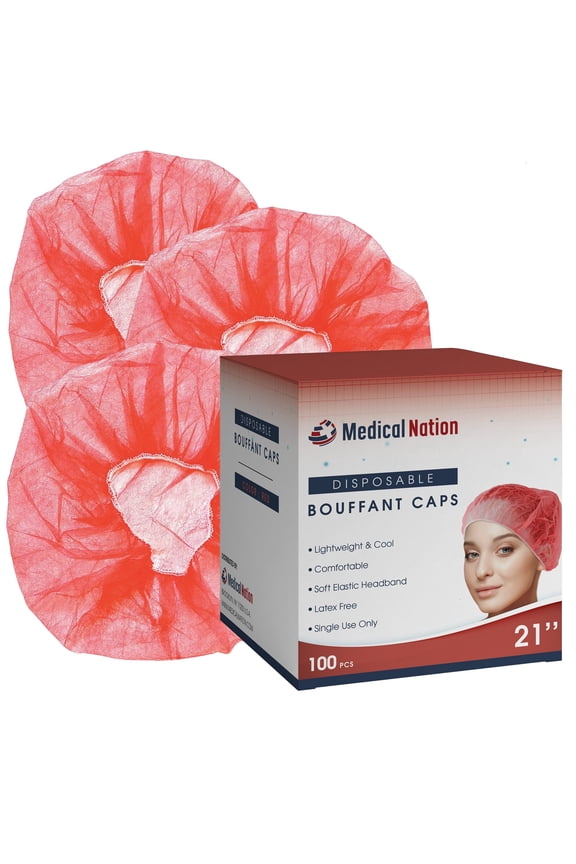 21" Disposable Bouffant Caps Hair Nets - 100-Pack - Red, Disposable for Lab, Food