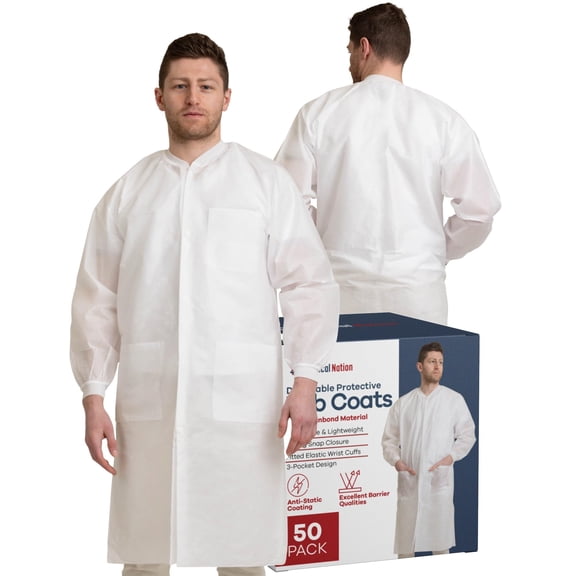 Medical Nation 50 Disposable Lab Coats - White Lab Coat for Women Men, Knee Length, Comfortable and Durable White Coat | Perfect For Use in Hospitals, Pharmacies, Labs, Clinics, at Home | Size Small