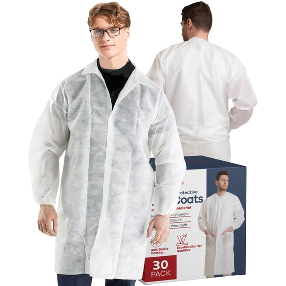 Medical Nation Disposable Lab Coats | White - Case of 30 | Durable Lab Coat for Unisex Adult, Latex-Free, PPE Protective Coat with Snaps, Perfect for Hospitals, Pharmacies, Labs, Clinics | 2X-Large