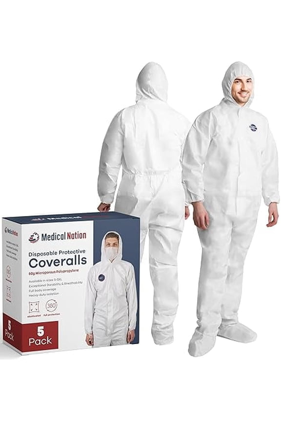 Disposable Hazmat Suit with Hood and Boots, 2XL, Heavy-Duty, Breathable & Water-Resistant Coverall, White, 5-Pack