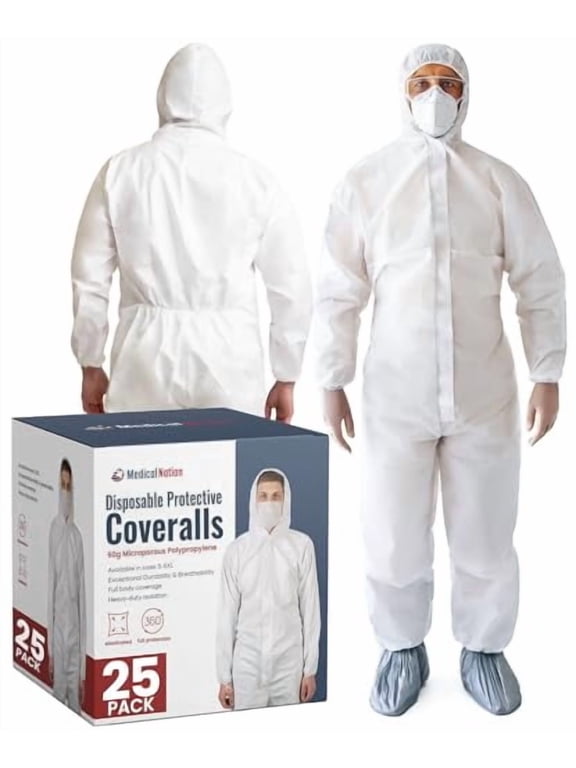 Disposable Hazmat Suit, Heavy Duty Coveralls with Hood and Boots, White, XL, 25 Pack