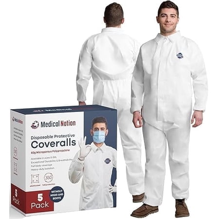 Medical Nation Disposable Hazmat Suit, XL, Non-Hooded Coverall, Heavy-Duty, Breathable & Water-Resistant, White, 5-Pack