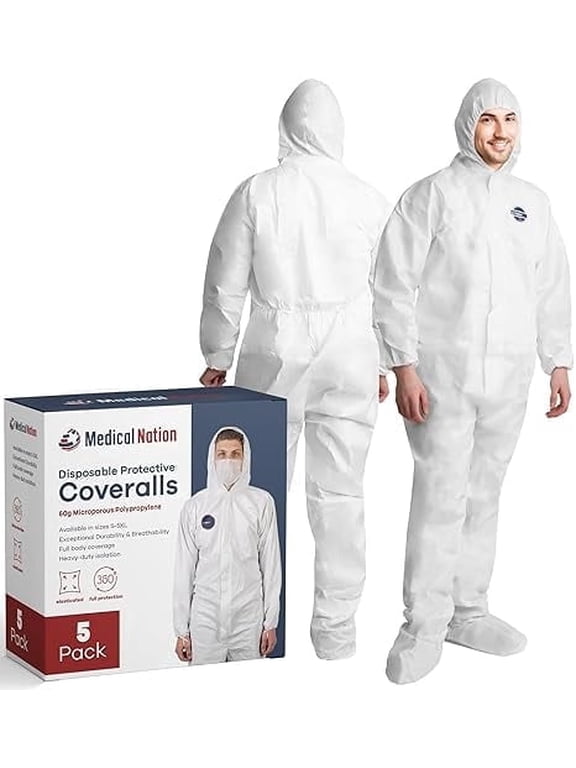 Disposable Hazmat Suit, Heavy Duty Coveralls with Hood and Boots, White, Large, 5 Pack