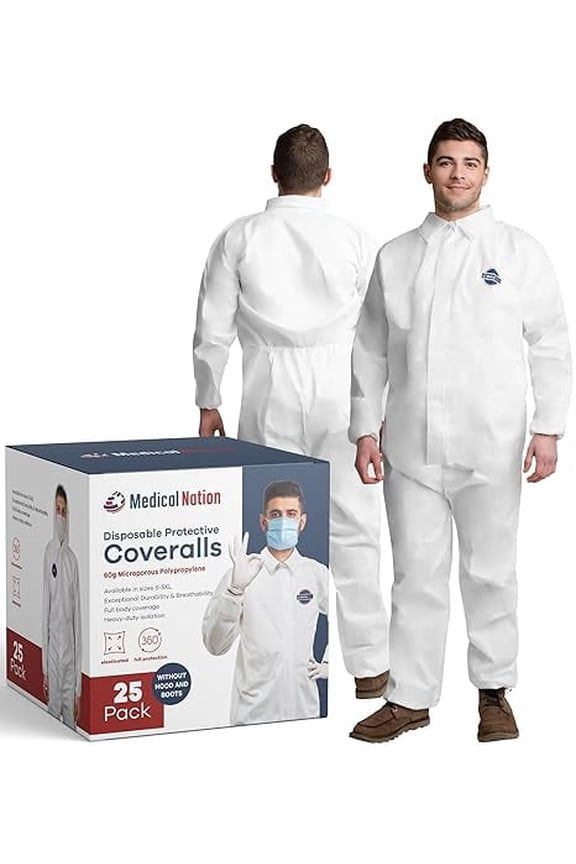 Disposable Hazmat Suit, Medium, Non-Hooded Coverall, Heavy-Duty, Breathable & Water-Resistant, White, 25-Pack